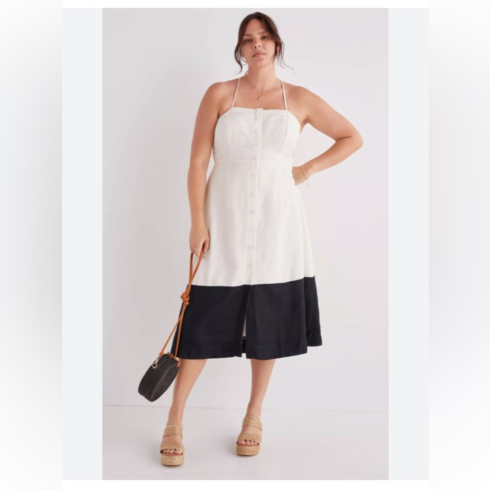 Anthropologie Maeve Colorblocked Contrast Midi Dress Smocked Black White plus 2x